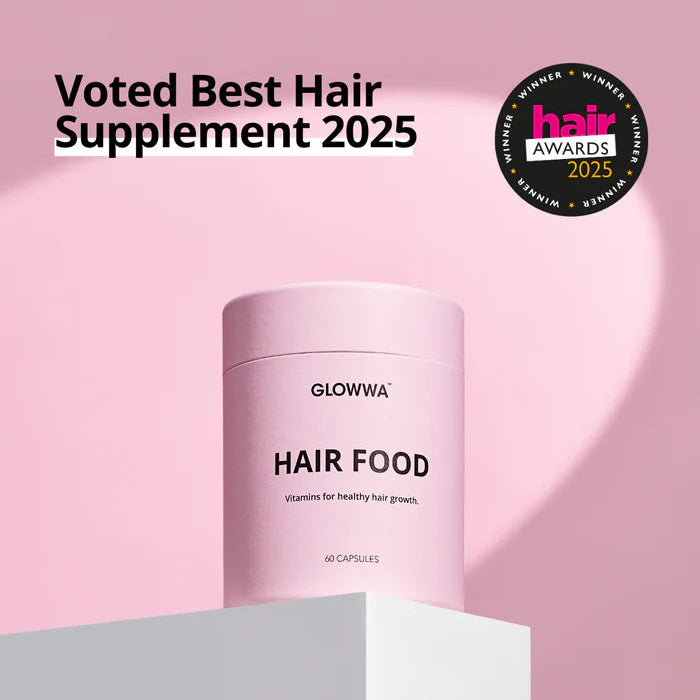 GLOWWA HAIR FOOD supplement container on a pink background with 'Voted Best Hair Supplement 2025' text and award badge.