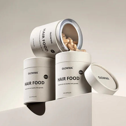 GLOWWA HAIR FOOD product packaging on a neutral background