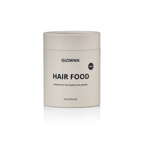 A cylindrical white jar of GLOWWA Hair Food capsules, featuring a minimalist label with black text, set against a clean white background with a soft reflection.
