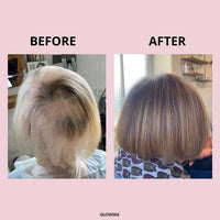 Before and after comparison of a haircut with 'GLOWWA' branding on a pink background.