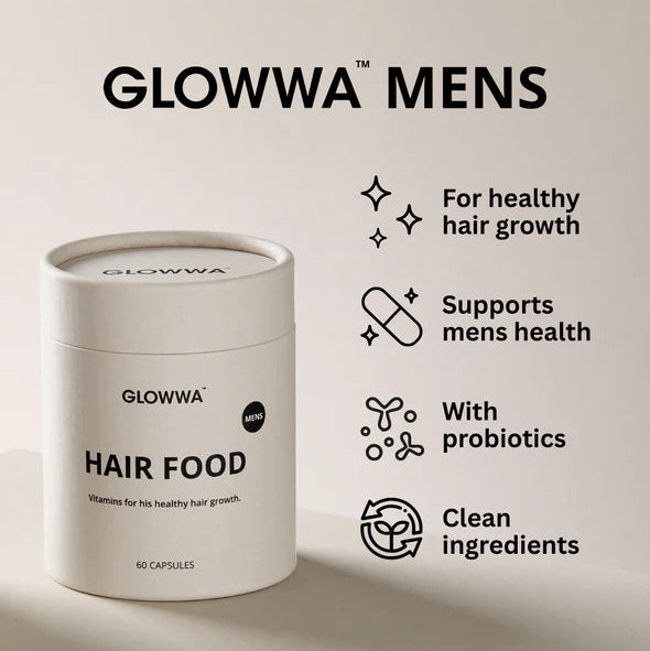 GLOWWA MENS hair health product with features listed on a beige background