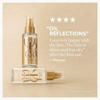 A promotional graphic for Oribrés Oil Reflections hair oil, showing two bottles (one standing, one lying down) with gold lettering on clear glass, set against a warm beige background with a customer testimonial quote and five stars.