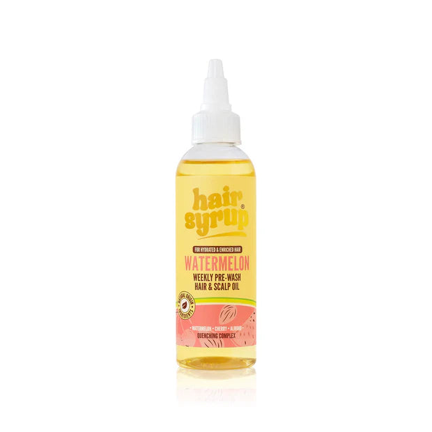 Bottle of hair syrup with watermelon flavor on a white background