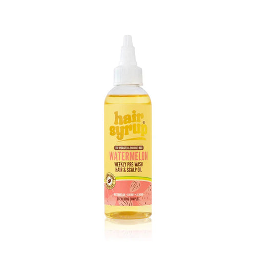 Bottle of hair syrup with watermelon flavor on a white background